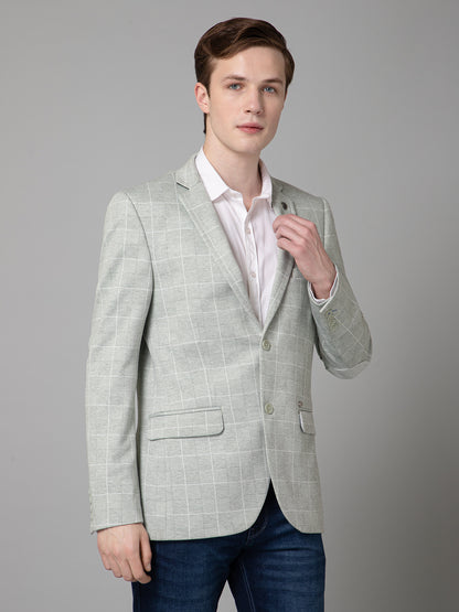 Green Checkered Full Sleeves Casual Blazer For Men