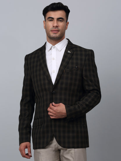 Green Checkered Full Sleeves Formal Blazer For Men