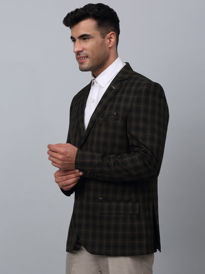 Green Checkered Full Sleeves Formal Blazer For Men