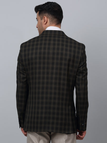 Green Checkered Full Sleeves Formal Blazer For Men