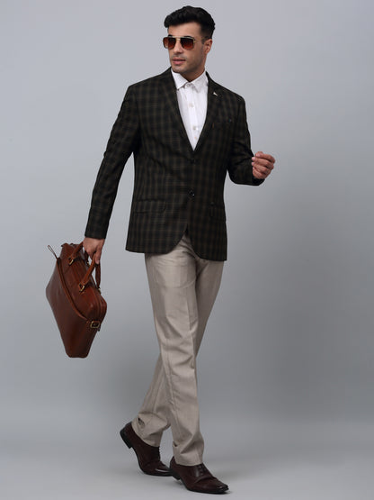 Green Checkered Full Sleeves Formal Blazer For Men