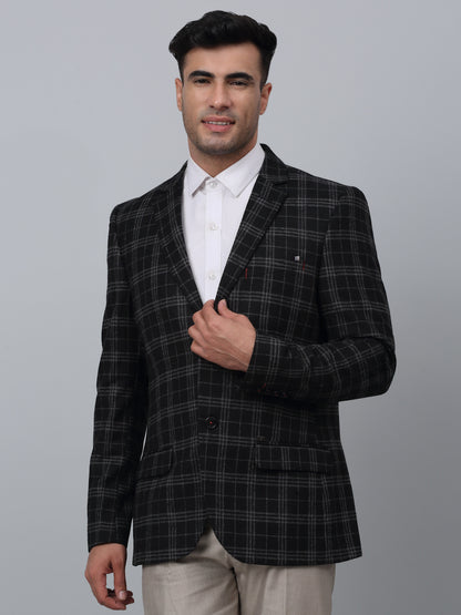 Black Checkered Full Sleeves Formal Blazer For Men