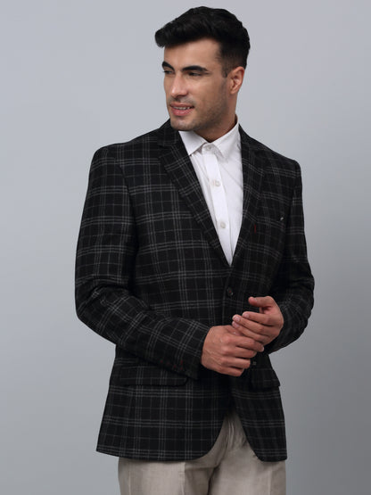 Black Checkered Full Sleeves Formal Blazer For Men