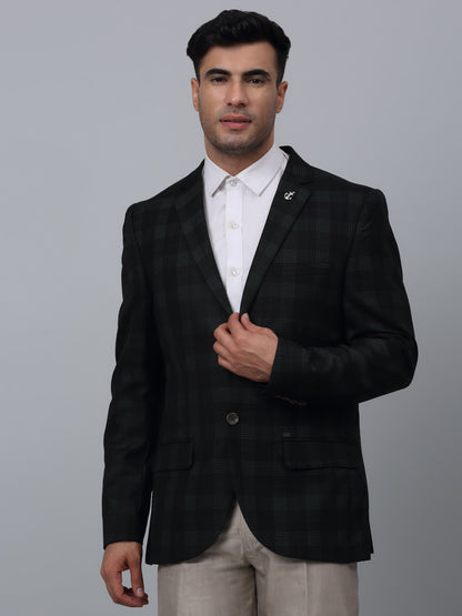 Dark Green Checkered Full Sleeves Formal Blazer For Men