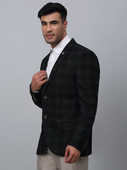 Dark Green Checkered Full Sleeves Formal Blazer For Men