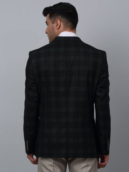 Dark Green Checkered Full Sleeves Formal Blazer For Men