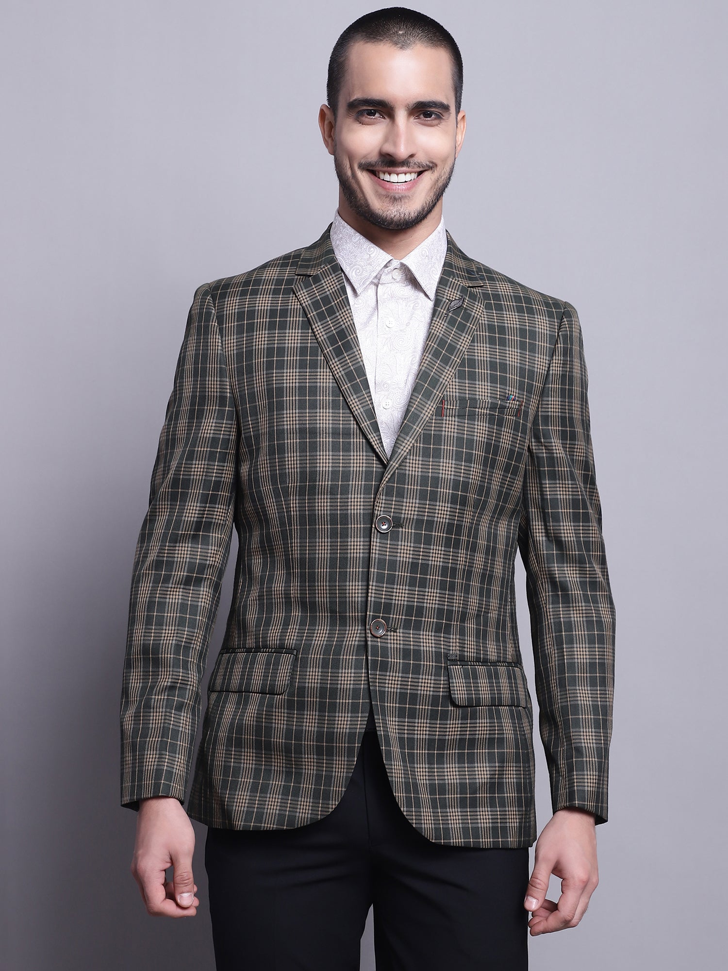 Cantabil Men Olive checked Full Sleeves Formal Blazer (7142096175243)