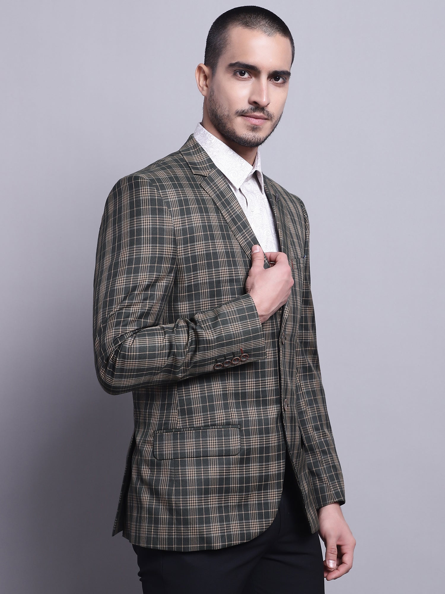 Cantabil Men Olive checked Full Sleeves Formal Blazer (7142096175243)