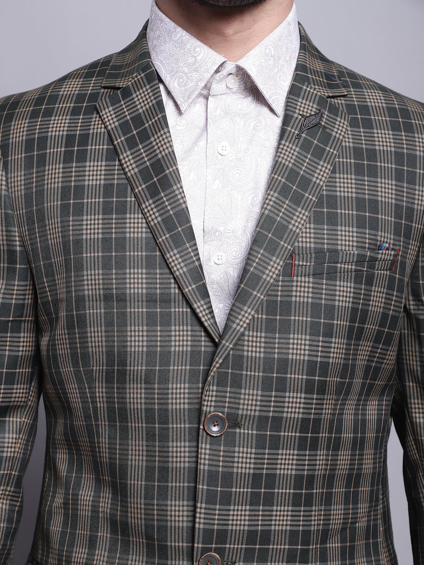 Cantabil Men Olive checked Full Sleeves Formal Blazer (7142096175243)