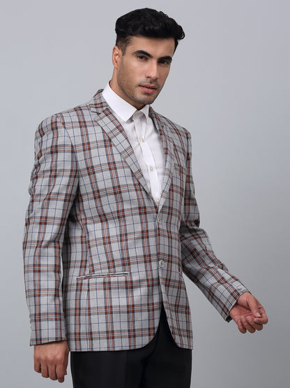 Grey Checkered Full Sleeves Formal Blazer For Men