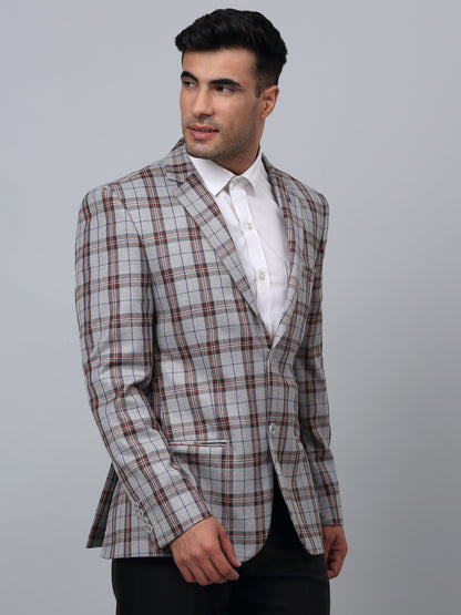 Grey Checkered Full Sleeves Formal Blazer For Men