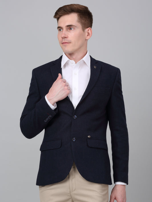 Men’s Navy Blue Self Design Formal Blazer | Cantabil