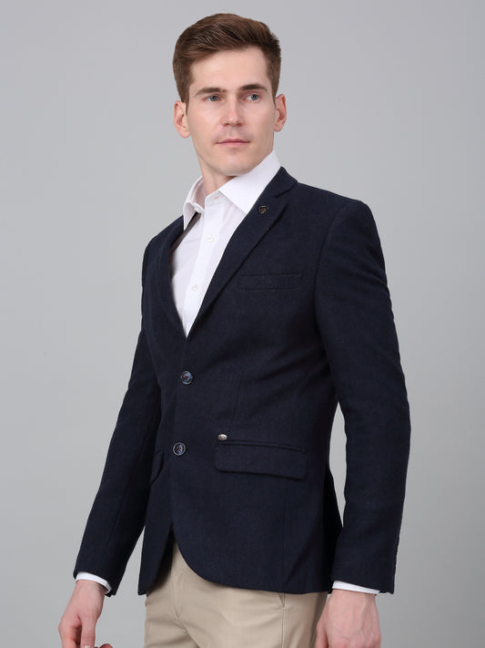 Men’s Navy Blue Self Design Formal Blazer | Cantabil