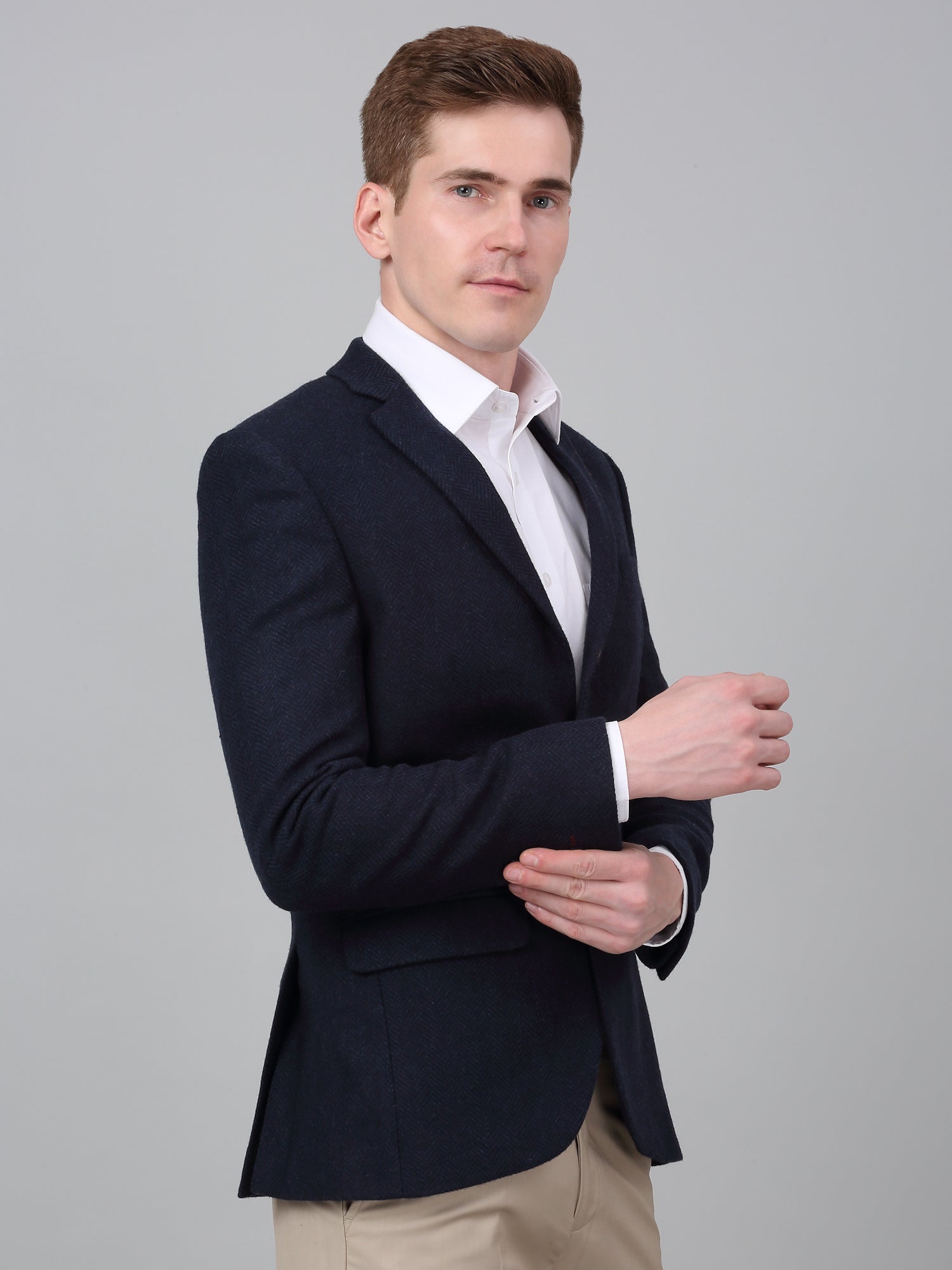 Men's Navy Blue Self Design Notch Lapel Formal Blazer