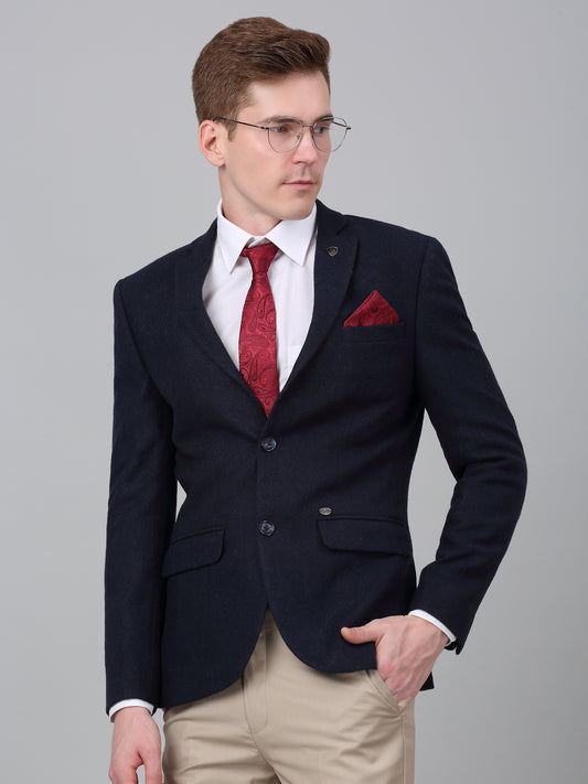 Men’s Navy Blue Self Design Formal Blazer | Cantabil