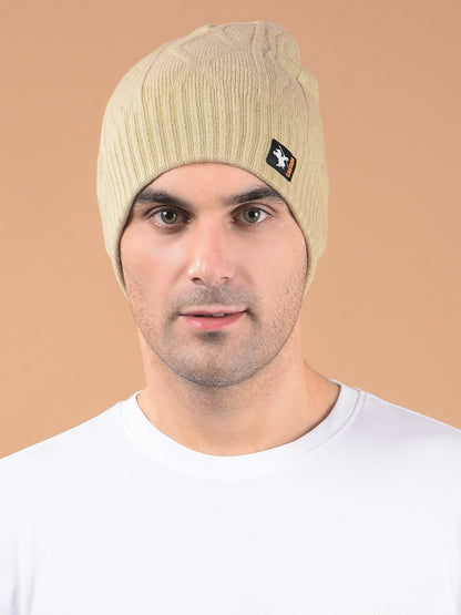 Men Beige Self Design Casual Winter Wear Cap