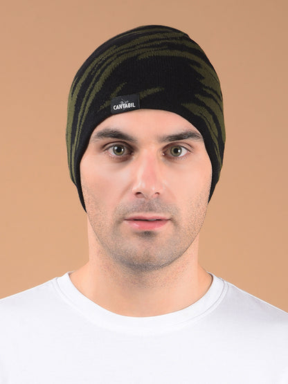 Men Olive Printed Casual Winter Wear Cap