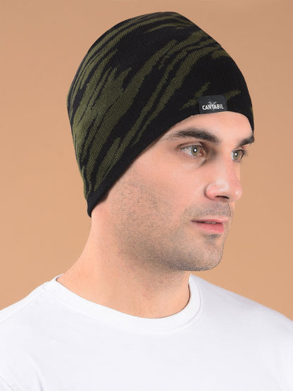 Men Olive Printed Casual Winter Wear Cap