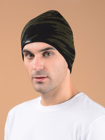 Men Olive Printed Casual Winter Wear Cap