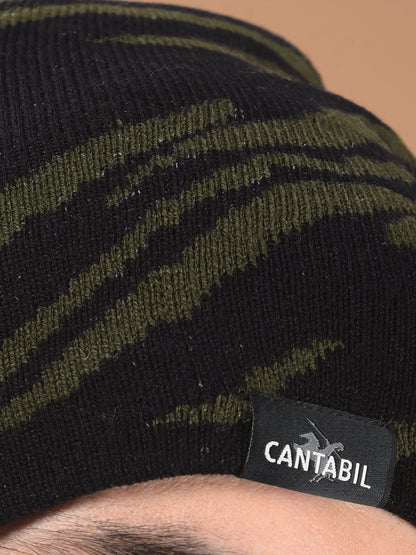 Men Olive Printed Casual Winter Wear Cap