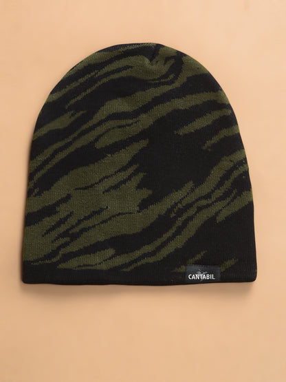 Men Olive Printed Casual Winter Wear Cap