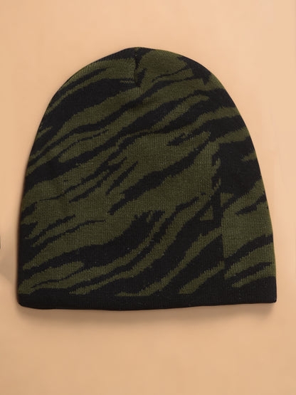 Men Olive Printed Casual Winter Wear Cap