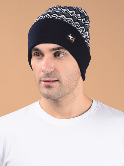 Men Navy Blue Printed Casual Winter Wear Cap