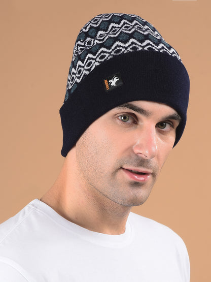 Men Navy Blue Printed Casual Winter Wear Cap