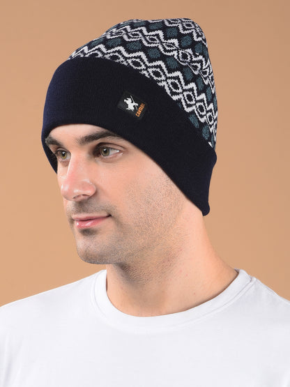 Men Navy Blue Printed Casual Winter Wear Cap