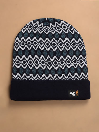 Men Navy Blue Printed Casual Winter Wear Cap