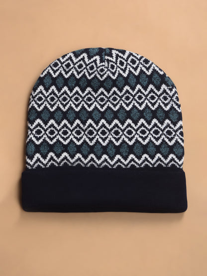 Men Navy Blue Printed Casual Winter Wear Cap