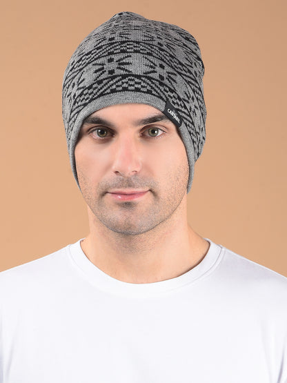 Men Grey Printed Casual Winter Wear Cap