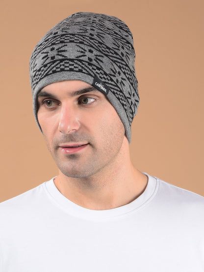 Men Grey Printed Casual Winter Wear Cap