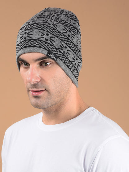 Men Grey Printed Casual Winter Wear Cap