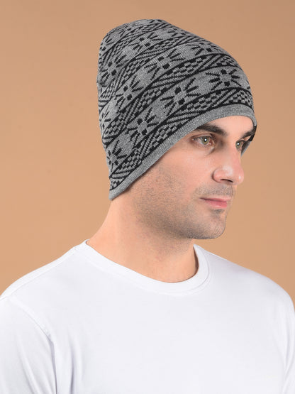 Men Grey Printed Casual Winter Wear Cap