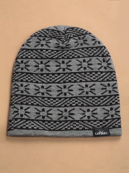 Men Grey Printed Casual Winter Wear Cap