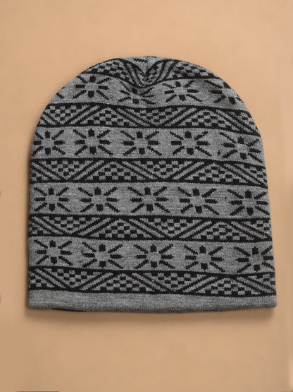 Men Grey Printed Casual Winter Wear Cap