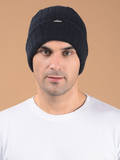 Men Navy Blue Solid Casual Winter Wear Cap