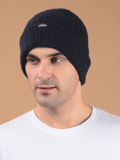 Men Navy Blue Solid Casual Winter Wear Cap