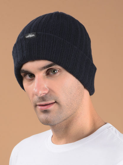 Men Navy Blue Solid Casual Winter Wear Cap