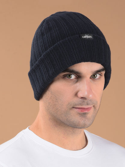 Men Navy Blue Solid Casual Winter Wear Cap