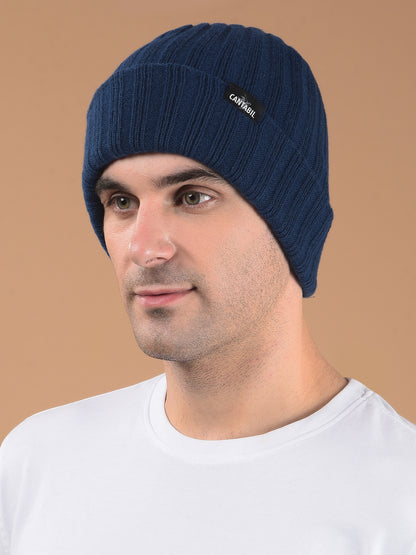 Men Blue Solid Casual Winter Wear Cap