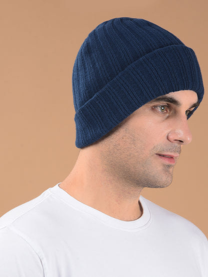 Men Blue Solid Casual Winter Wear Cap