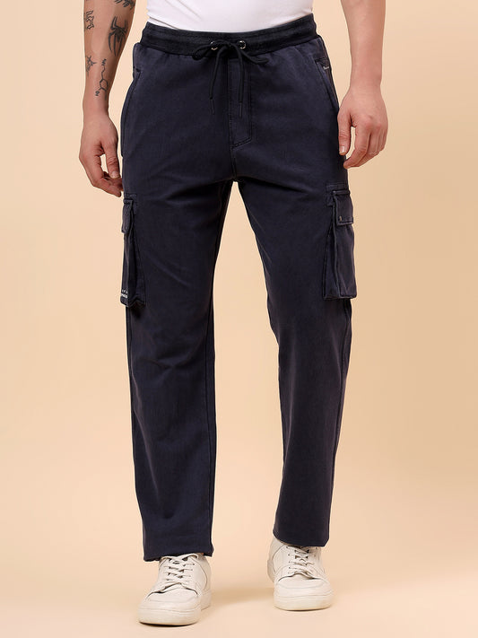 Men's Blue Solid Regular Fit Casual Cargo