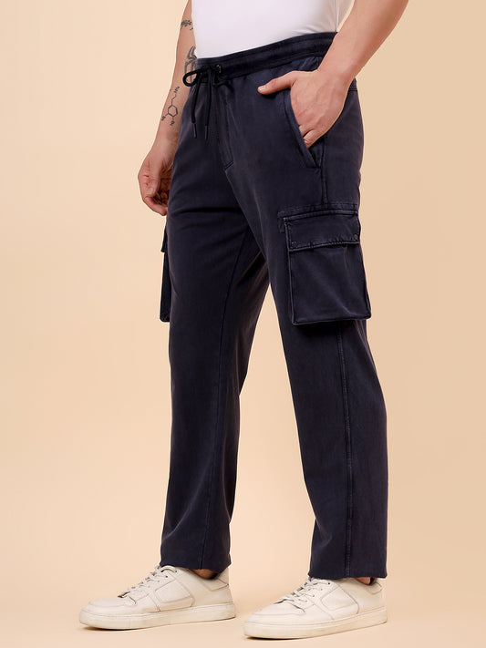 Men's Blue Solid Regular Fit Casual Cargo