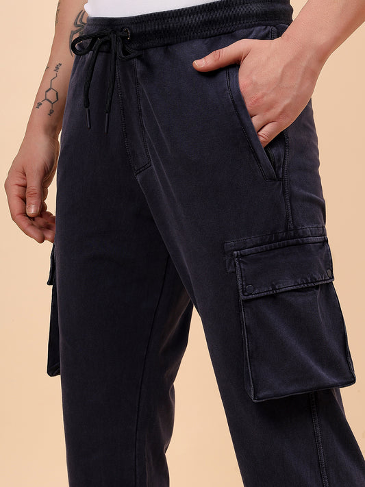 Men's Blue Solid Regular Fit Casual Cargo