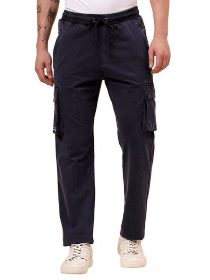 Men's Blue Solid Regular Fit Casual Cargo