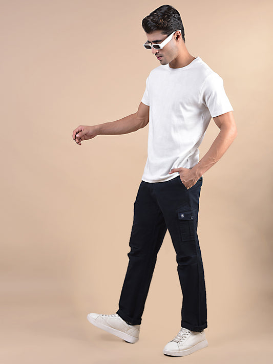 Men's Solid Navy Blue Regular Fit Casual Cargo