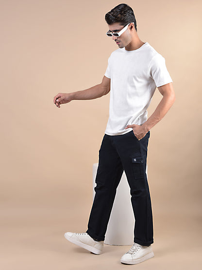 Men's Solid Navy Blue Regular Fit Casual Cargo
