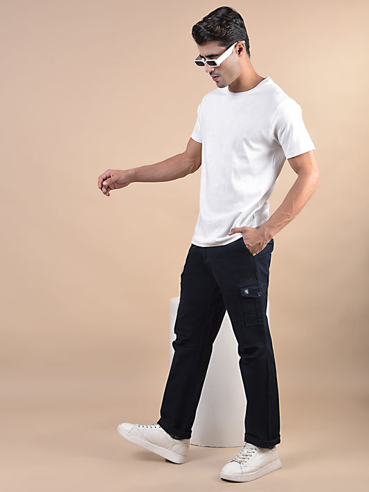 Men's Solid Navy Blue Regular Fit Casual Cargo